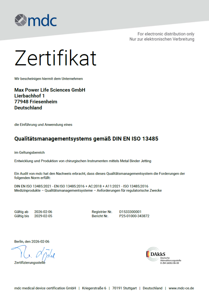 zertifikat iso 13485 max power life sciences gmbh